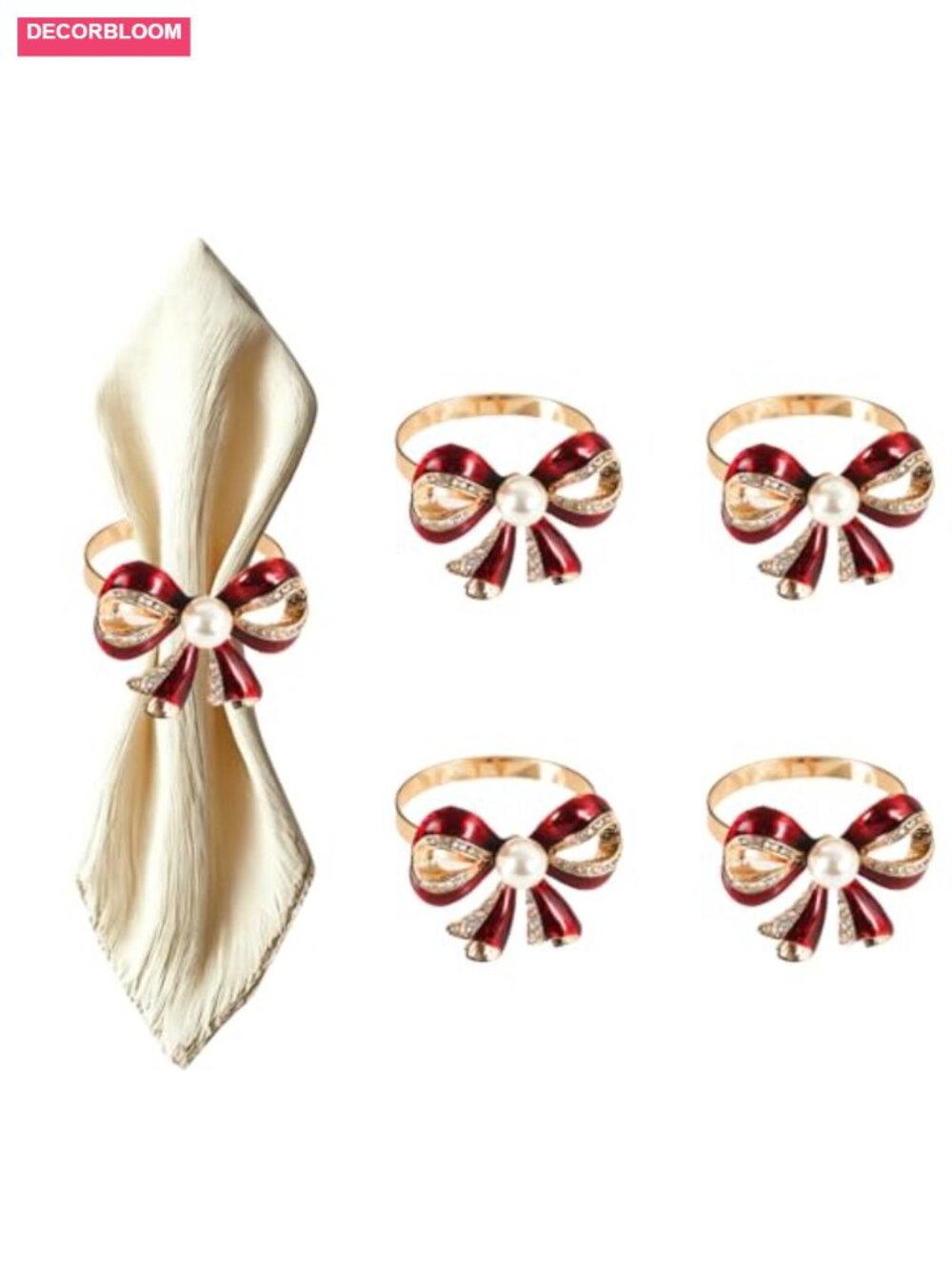 Bow Napkin Rings Metal Rhinestone Pearl Table Decor Set of 4